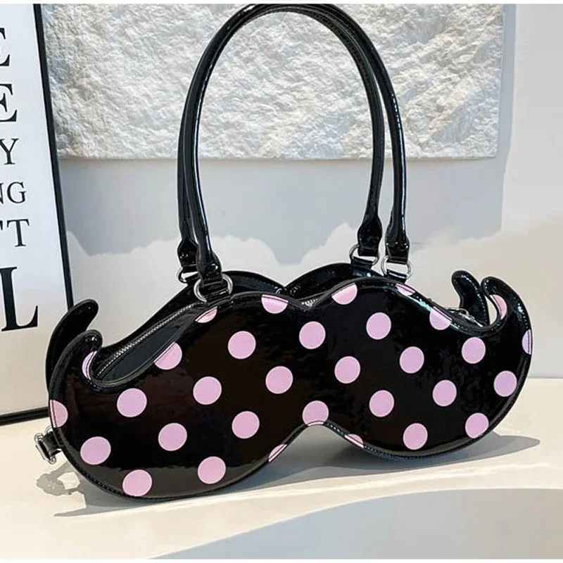 Mustache Shape Polka Dot Hobo Schultertasche, süße, niedliche, ausgefallene, kreative Handtasche für Damen, leichte Alltagstasche im Nischendesign – Detail 10