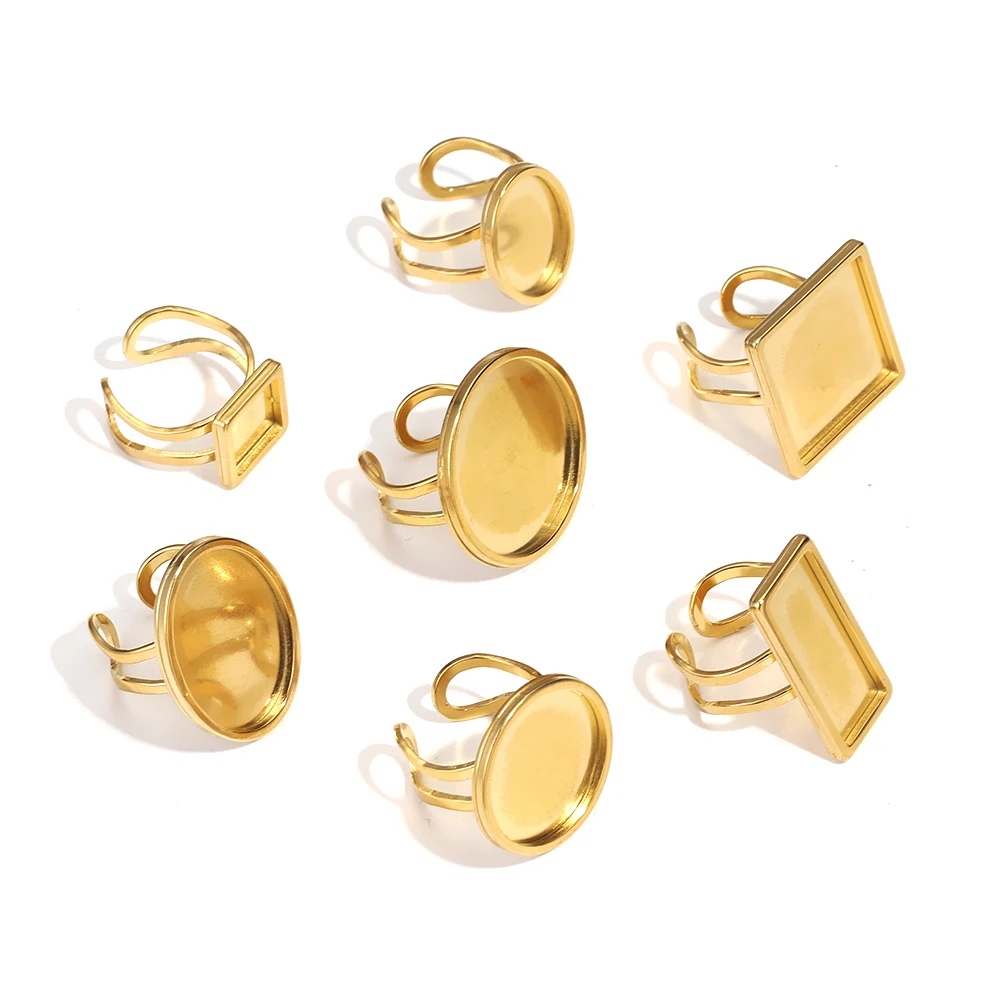 4pcs Stainless Steel Gold Color Round Open Ring Setting Cabochon Blank Tray Base DIY Jewelry Making Border Accessories Wholesale