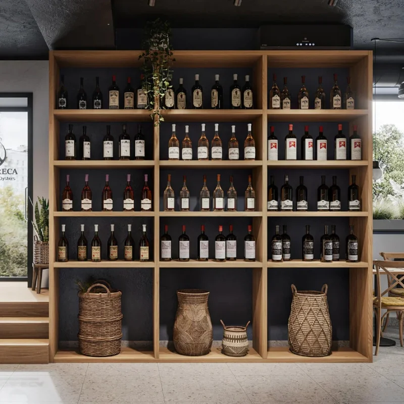 

custom.Natural Rustic Texture Style Liquor Retail Tiered Solid Wood Shelving Serving As Liquor Classification Display Cabinet