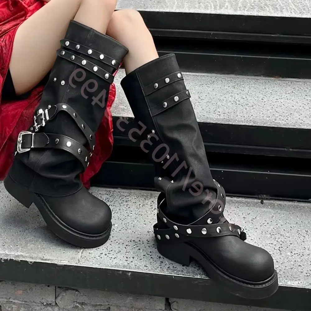 

Round Toe Rivet Belt Buckle Knight Boots 2025 Autumn Retro Women's Pleated Thick Sole Trouser Boots Thick Heel Casual Boots