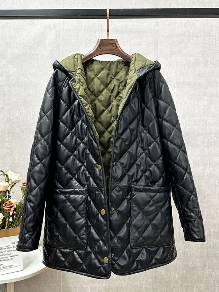 Echtes Leder Damen Herbst Winter Jacken Mit Kapuze Reversible Mittlere Lange Gepolsterte Mäntel Natürliche Schaffell Warme Mode Oberbekleidung