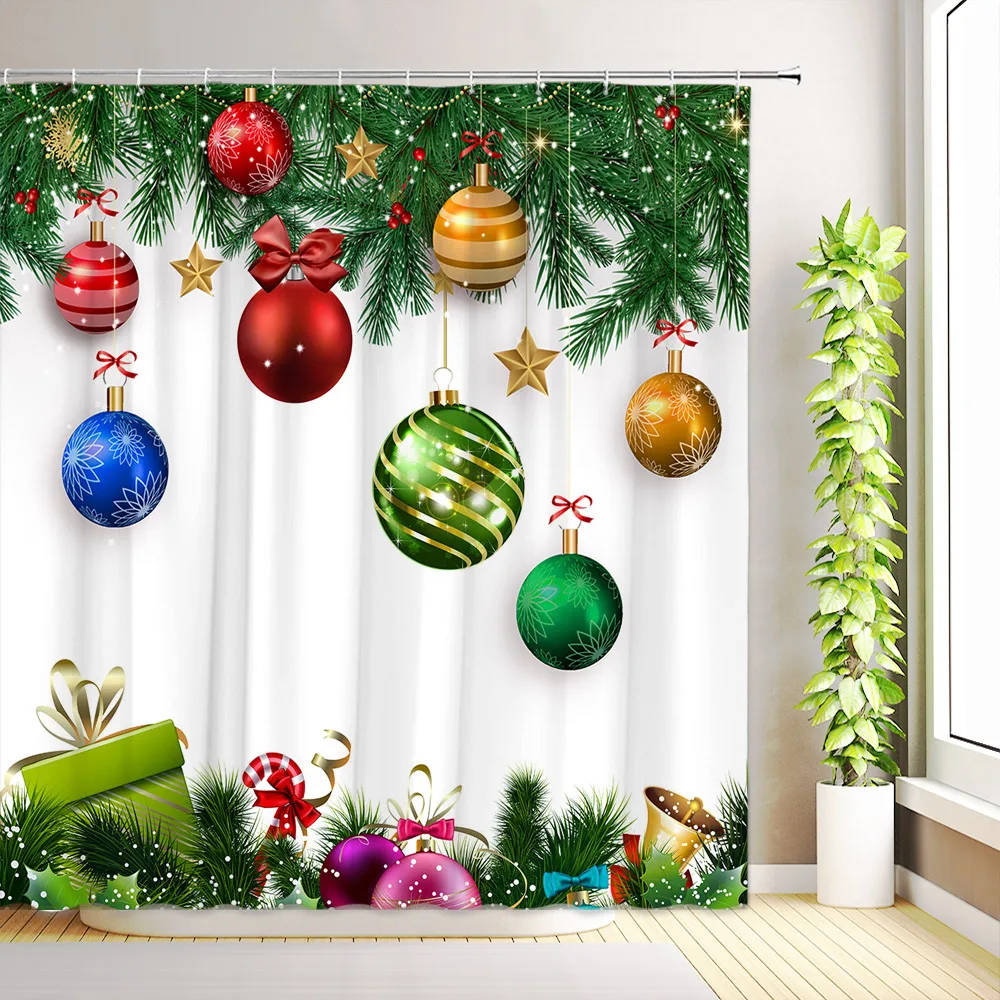 Winter Christmas Shower Curtain Red Xmas Balls Snowflake Snowman Snow Scenery Reindeer Farmhouse Bathroom Decor Fabric with Hook