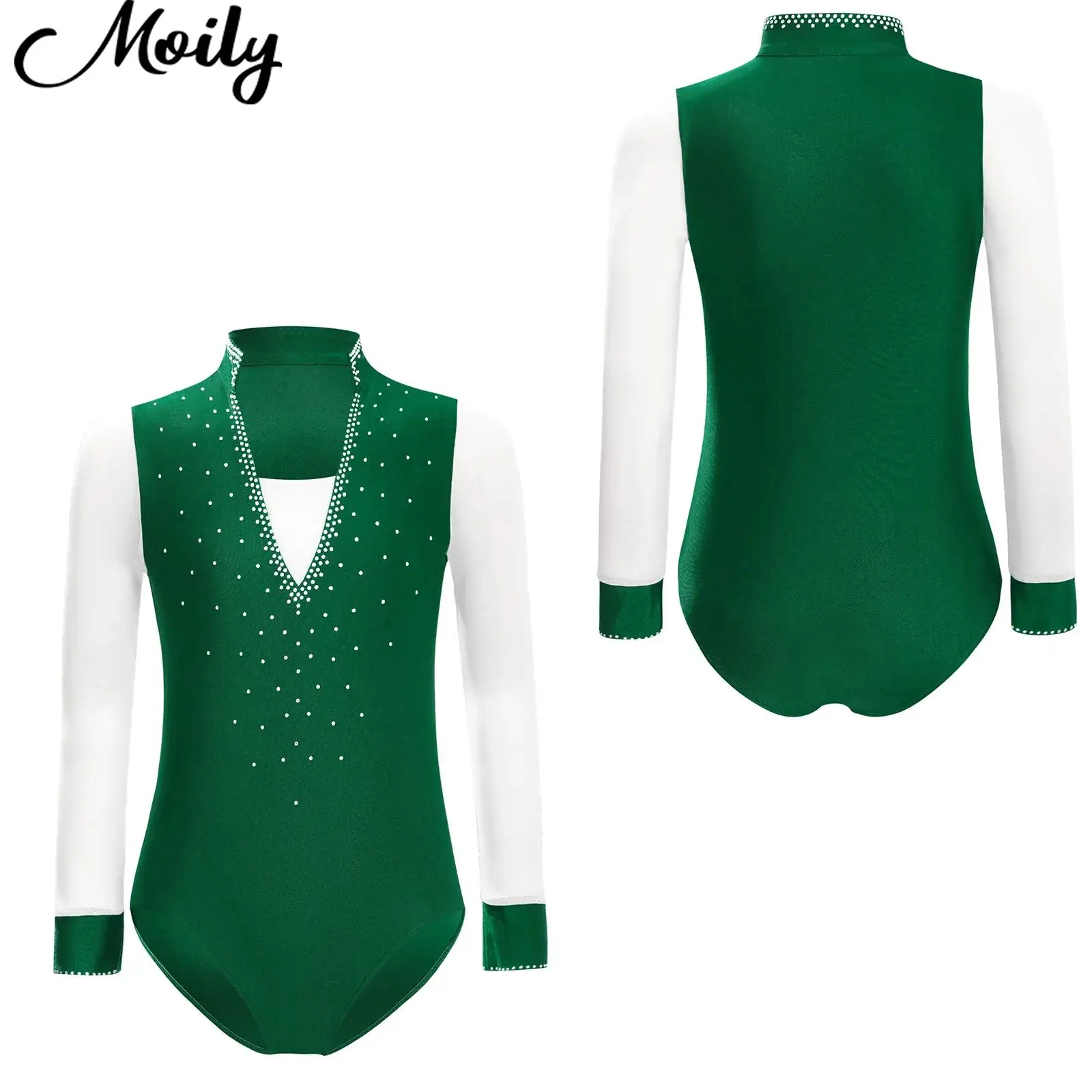 

Children Long Sleeve Ballet Dance Leotard Kid Gymnastics Leotard Rhinestones Bodysuit for Boy Figure Skating Latin Dance Costume