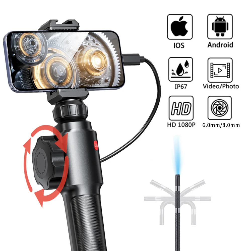 Two-Way 360 Degree Industrial Piping Endoscope Camera for Smartphone Type-C Android IOS Inspection Camera Endoscopic 8.0mm/6.0mm