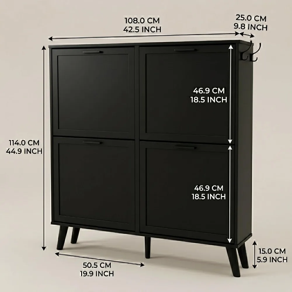 Large 4 Tier Shoe Cabinet for Size 16 - Freestanding Wooden Shoe Organizer with Flip-Up Doors, Black