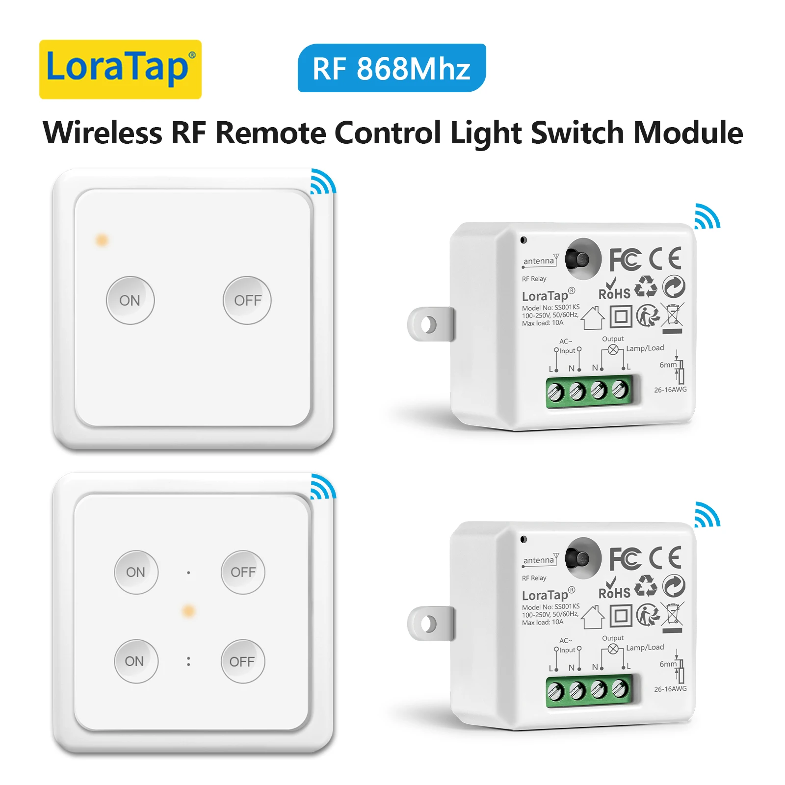 LoraTap  Wireless RF 868Mhz Socket Swtich Relay Module 10A EU Remote with Wall Base Remote Control ON/OFF For Light, Fan, Pump