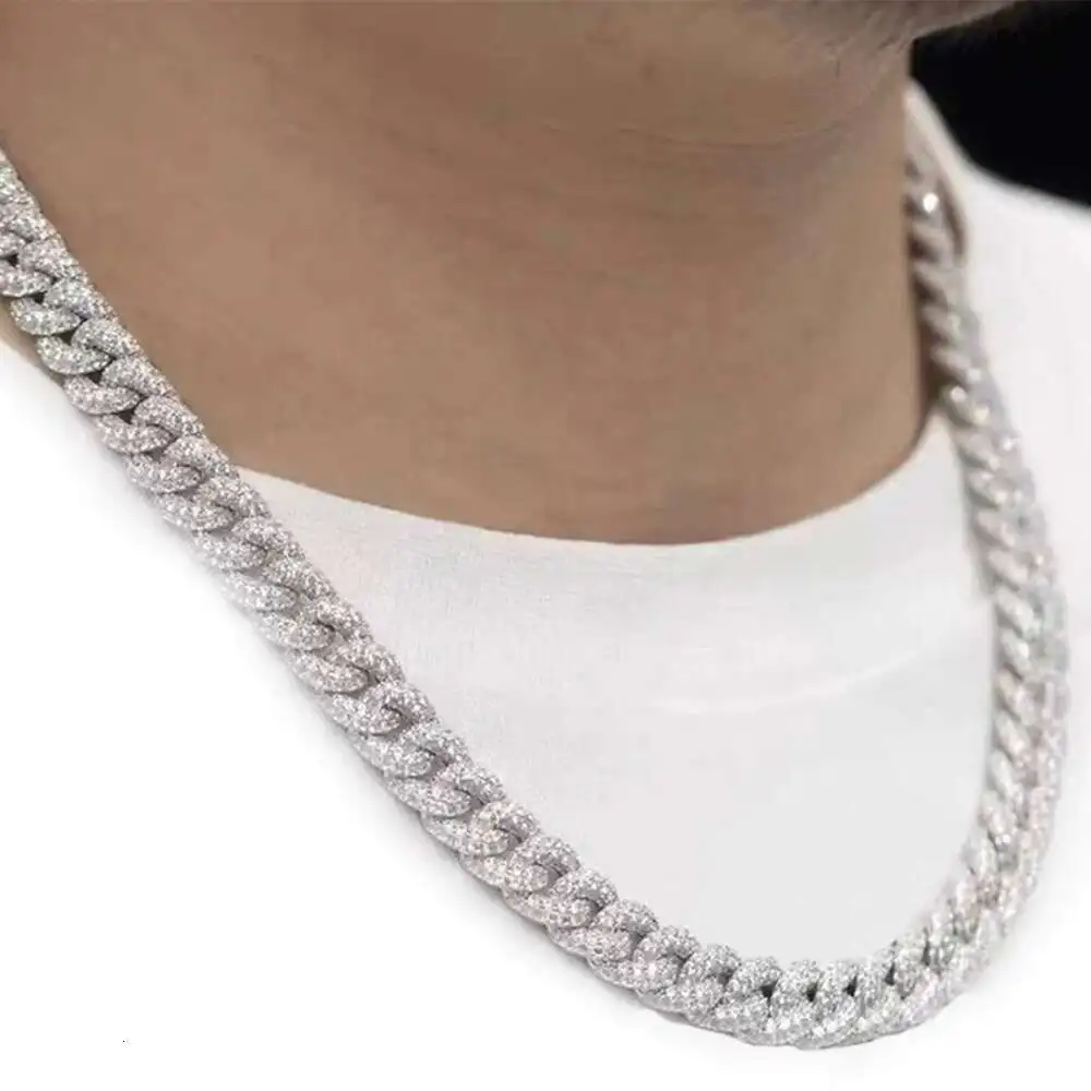 Custom Hip Hop Jewelry Pave Setting 9mm Iced Out Silver Miami Moissanite Cuban Link Chain