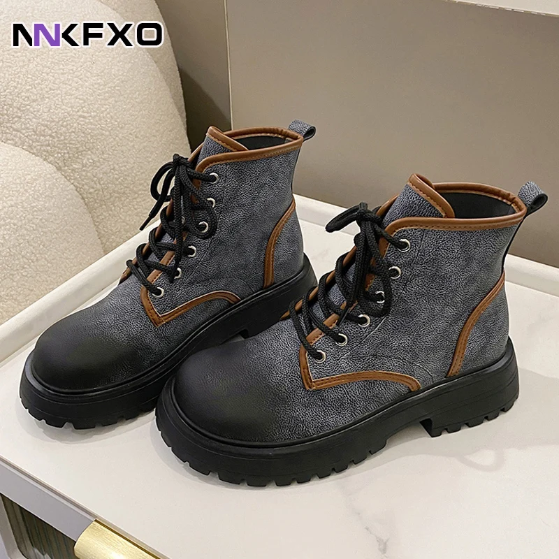 

2023 Autumn Winter Female Shoes PU Leather Ankel Boots Fashion Gradient Boots Thick Sole Women Ankle Boots Lace-up Boots QB099