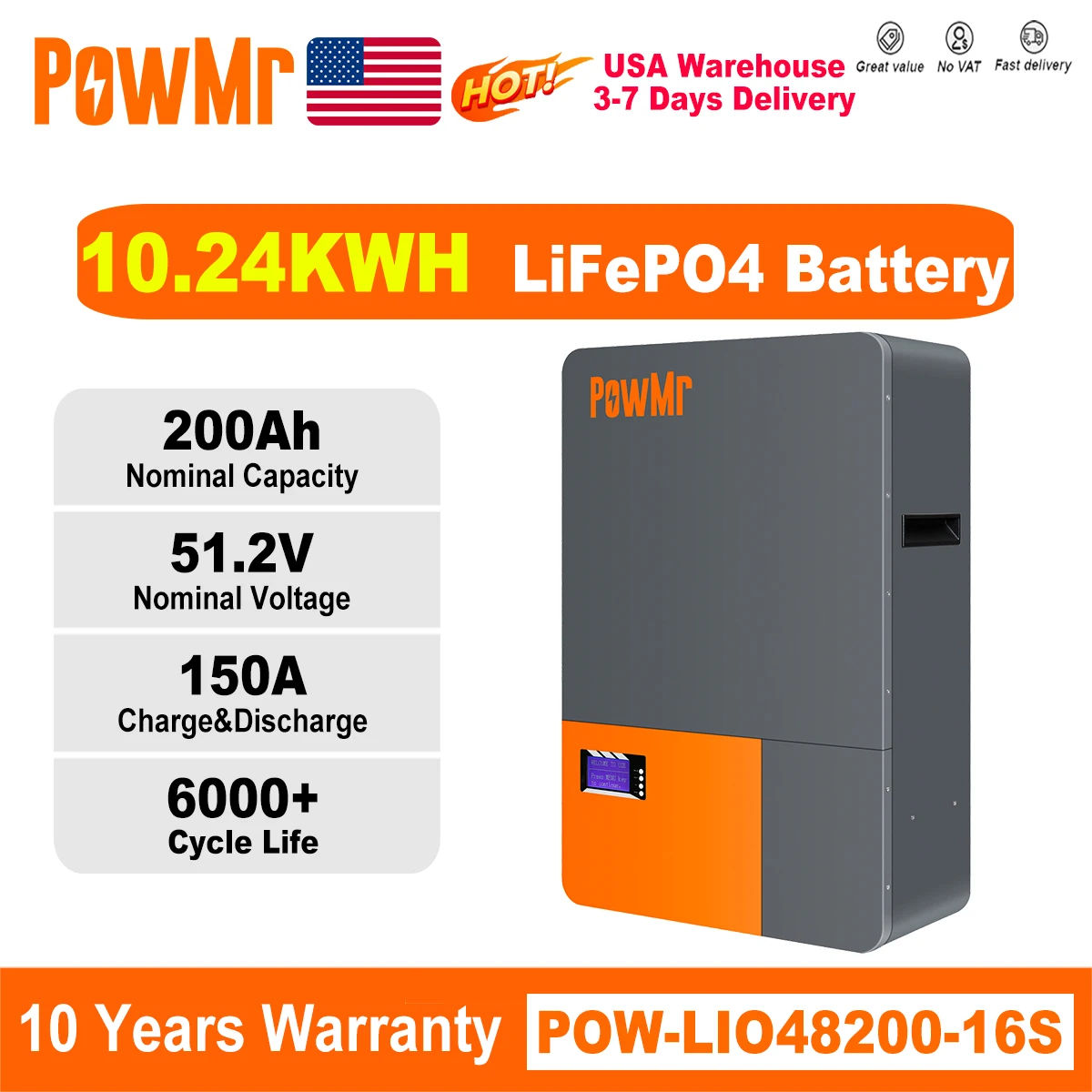 

Аккумуляторная батарея PowMr 200AH 51.2V 10KWH LiFePO4 (литий-железо-фосфатная) Powerwall, параллельное подключение до 16 шт., 6000+ циклов, с RS232, RS485, BMS