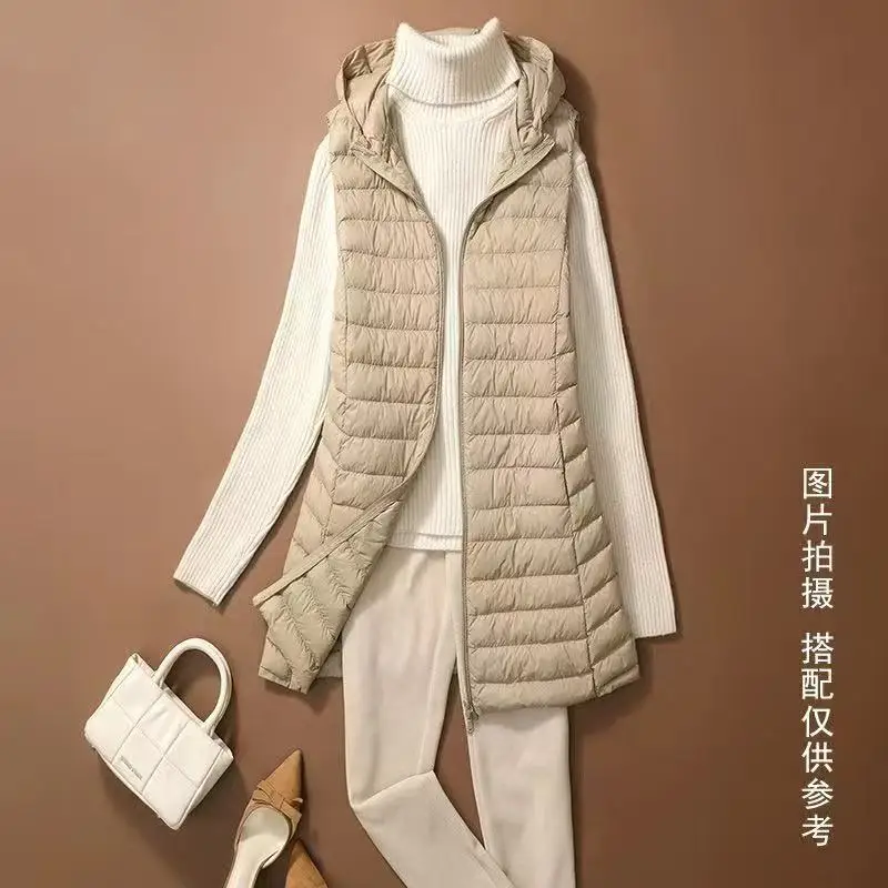2025 Autumn Winter Ultralight Duck Down Vests Portable Hooded Quilted Sleeveless Coats 0-10℃ Women Waistcoats Puffer Long Liner