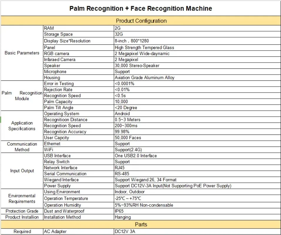 【Best-selling】8-Inch Integrated Attendance Access Control Machine Palm Print Facial Recognition WiFi Support Image Sensors Senso