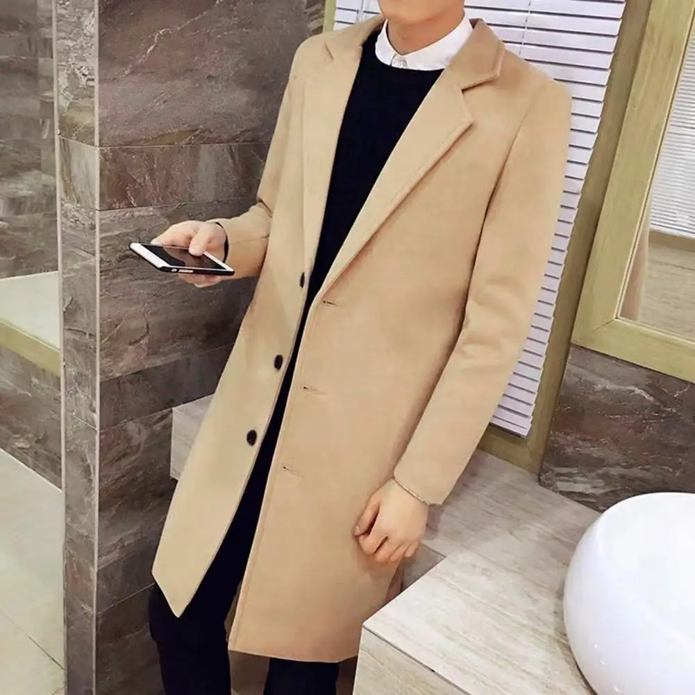 

Winter Trench Coat Stylish Men's Business Coats Single-breasted Anti-wrinkle Mid-length Cardigans in Solid Colors for Fall