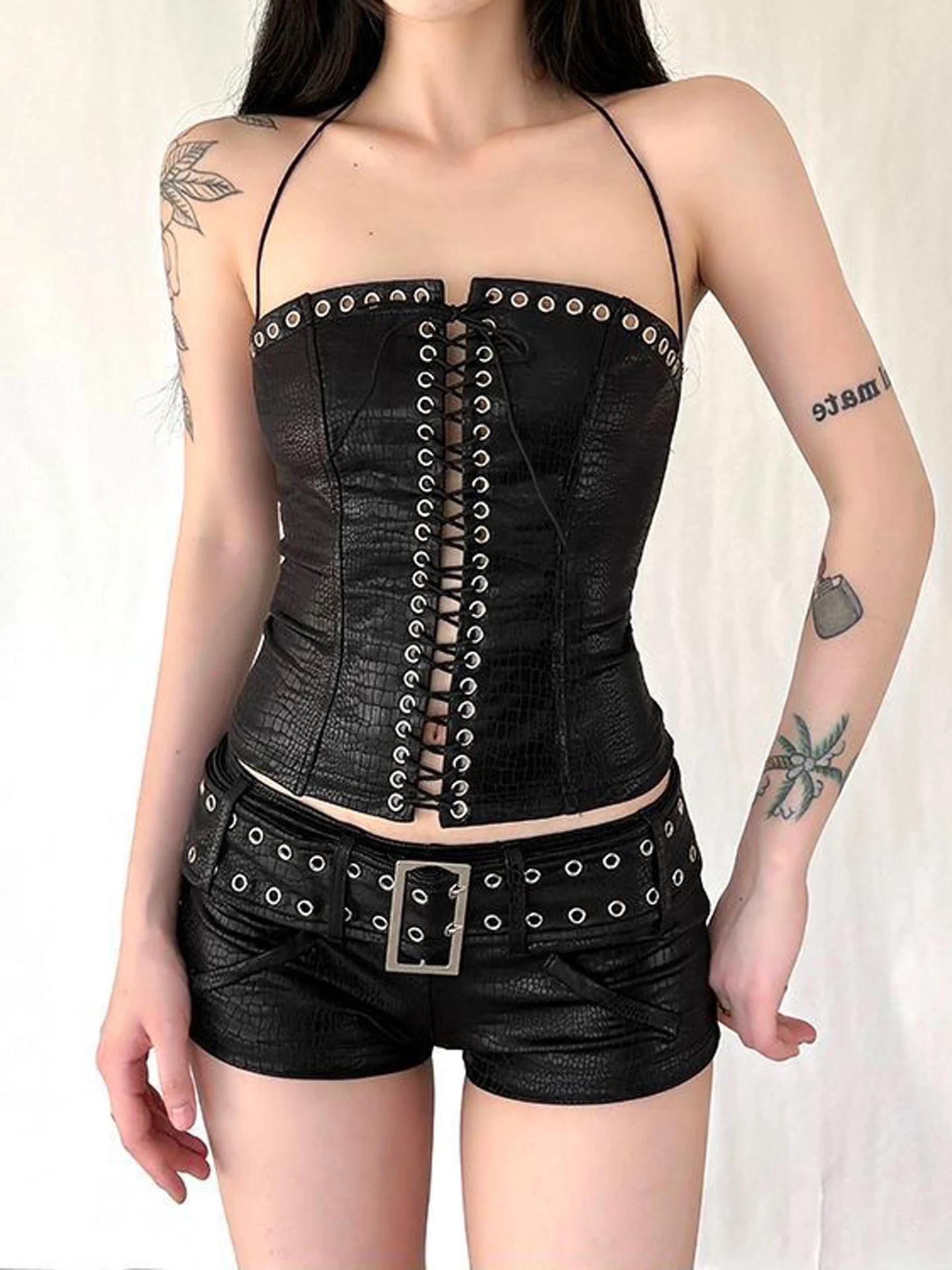 Sexy Hollow out Leather Shorts Set Women's Fashionable Two Piece Suit Casual Pants Low Waist Zipper Closure Straight Leg Fit
