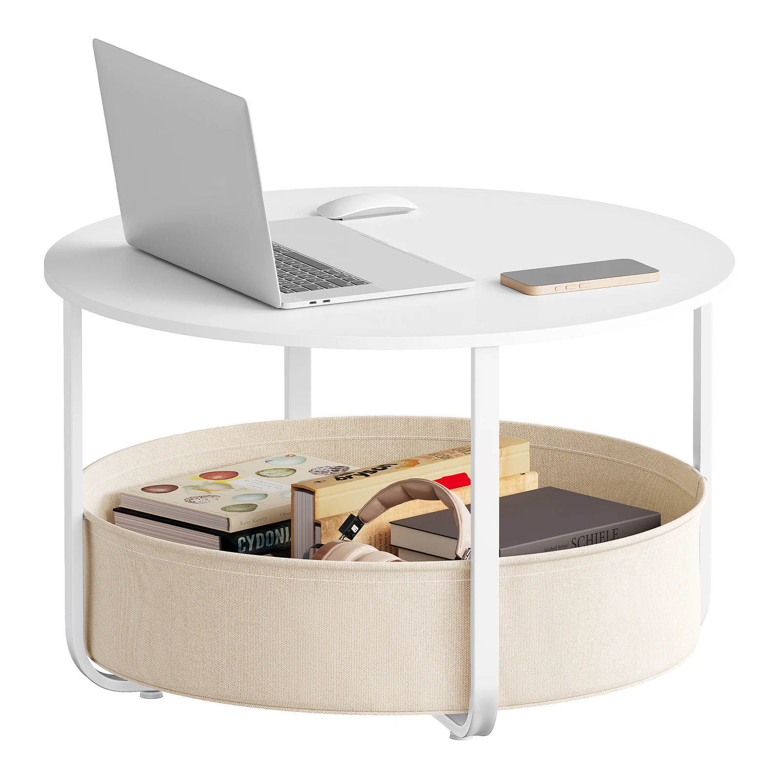 WOLTU Runder Beistelltisch, Couchtisch mit Aufbewahrungskorb, kleiner Beistelltisch, Metallrahmen, 80 cm Durchmesser, geeignet für Wohnzimmer, Sofas, moderner Stil