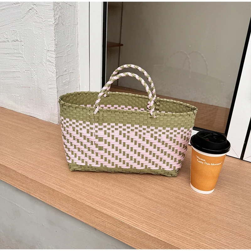 Handgefertigte Colorblock-Webtasche, Damen-Sommer-Tragetasche, Sommer-Einkaufstasche für Strandurlaub, Picknick, Haustiertransport – Detail 6