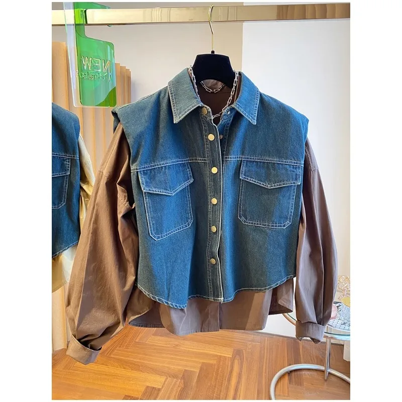 

SuperAen Denim Vest Long-sleeved Women's 2025 Spring and Autumn New Loose Fashion and Elegant Office Lady Shirt Sets