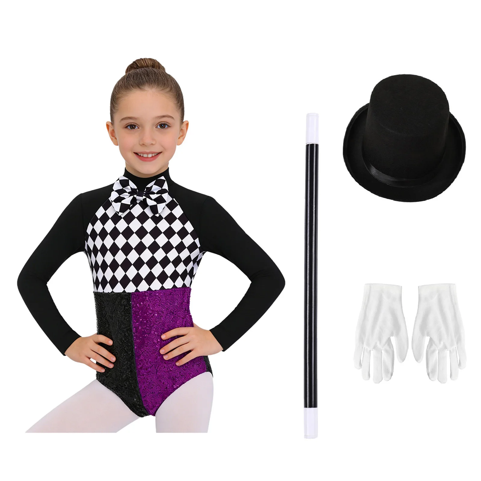 6-16Y Girls Halloween Carnival Party Circus Magician Tea Party Mad Hat Dress Up Costume Bodysuit with Top Hat Gloves Magic Wand
