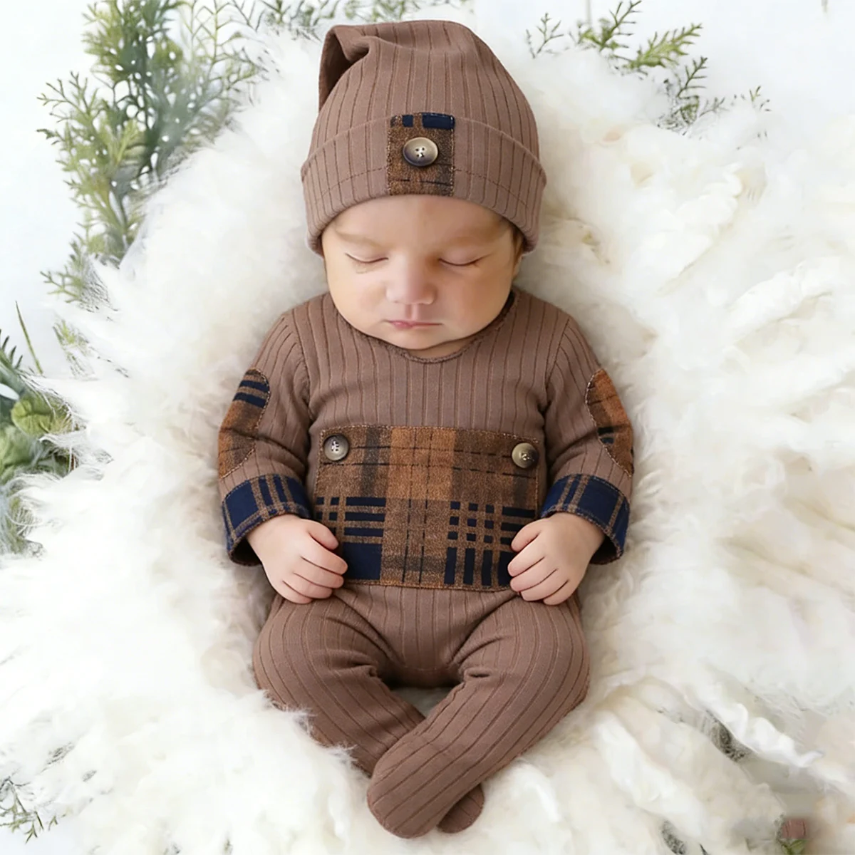 

Комплект из 2 предметов для фотосессии новорожденных: комбинезон для мальчика в стиле пэчворк с клетчатым узором и пуговицами, шапочка, реквизит для фотосъемки