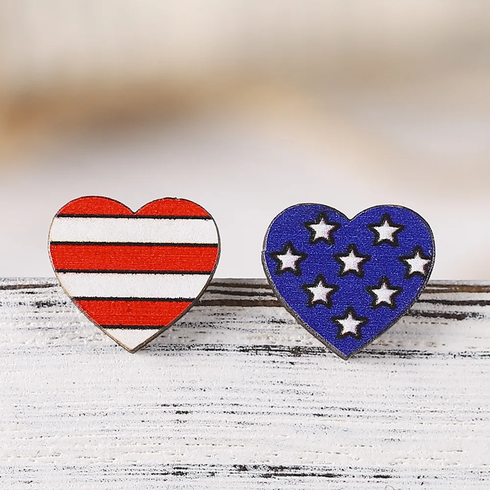 Hot US Flag Color Matching Heart Shaped Five Point Star Red and White Striped Wood Earrings Independence Day Stud Earring Gift