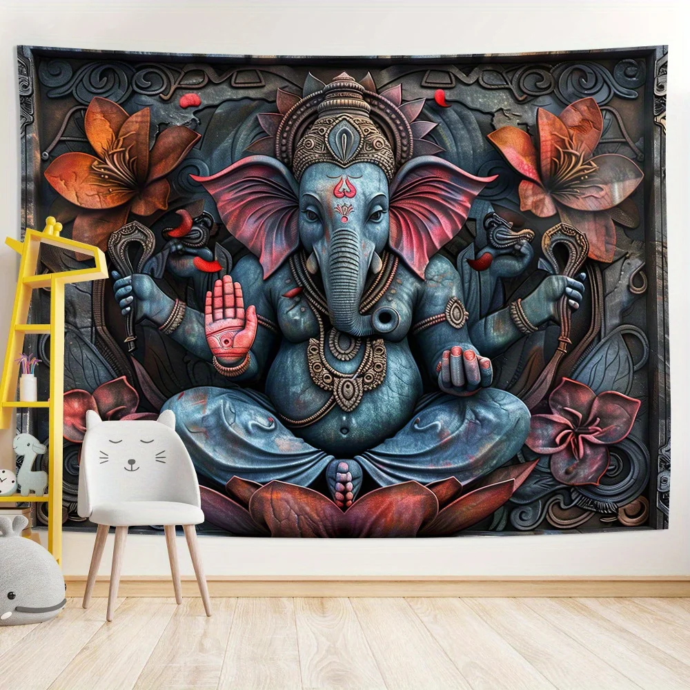 1pcs 3D Stereoscopic Visual Effect Symbol Lotus PostureGanesha Backdrop Cloth for Living Room Bedroom Home Decor Room Decoration