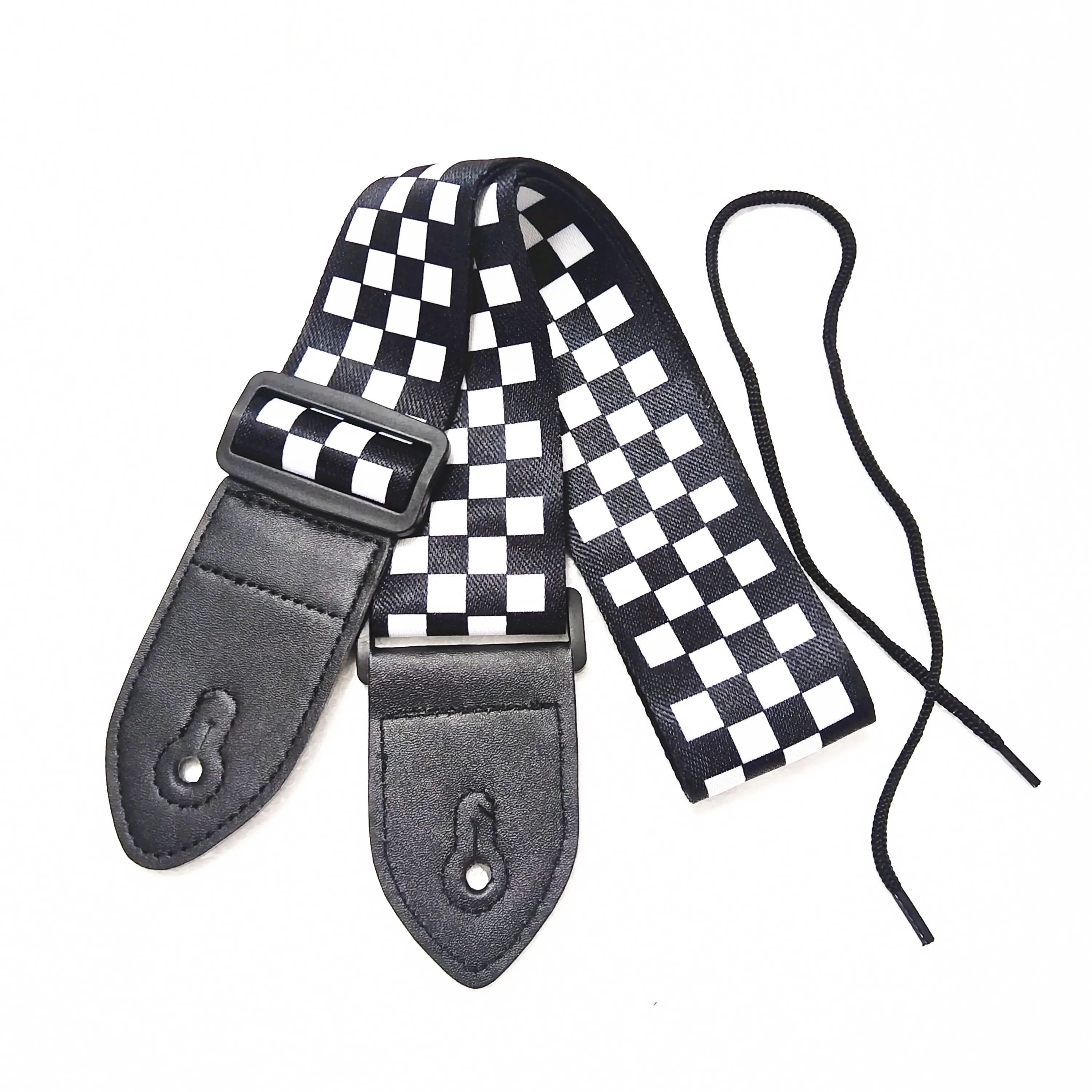Black White Checkered Polyester Cotton PU Leather Head Ends Bass Ukulele Acoustic Electric Guitar Strap Accessories Parts