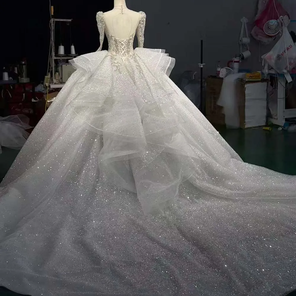 Brilliant Wedding Dress Ivory Glitter Organza Ball Gown Customized High Neck Beading Chapel Train vestidos de novia boda