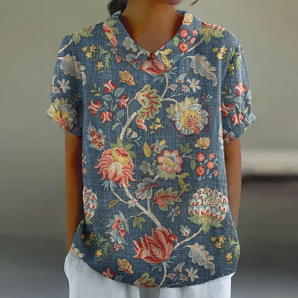 Woman Blouses Retro Floral Pattern Print T-Shirt Summer Fashion Outdoor Lapel Short Sleeve Tops Women Pulovers Blouse Clothing