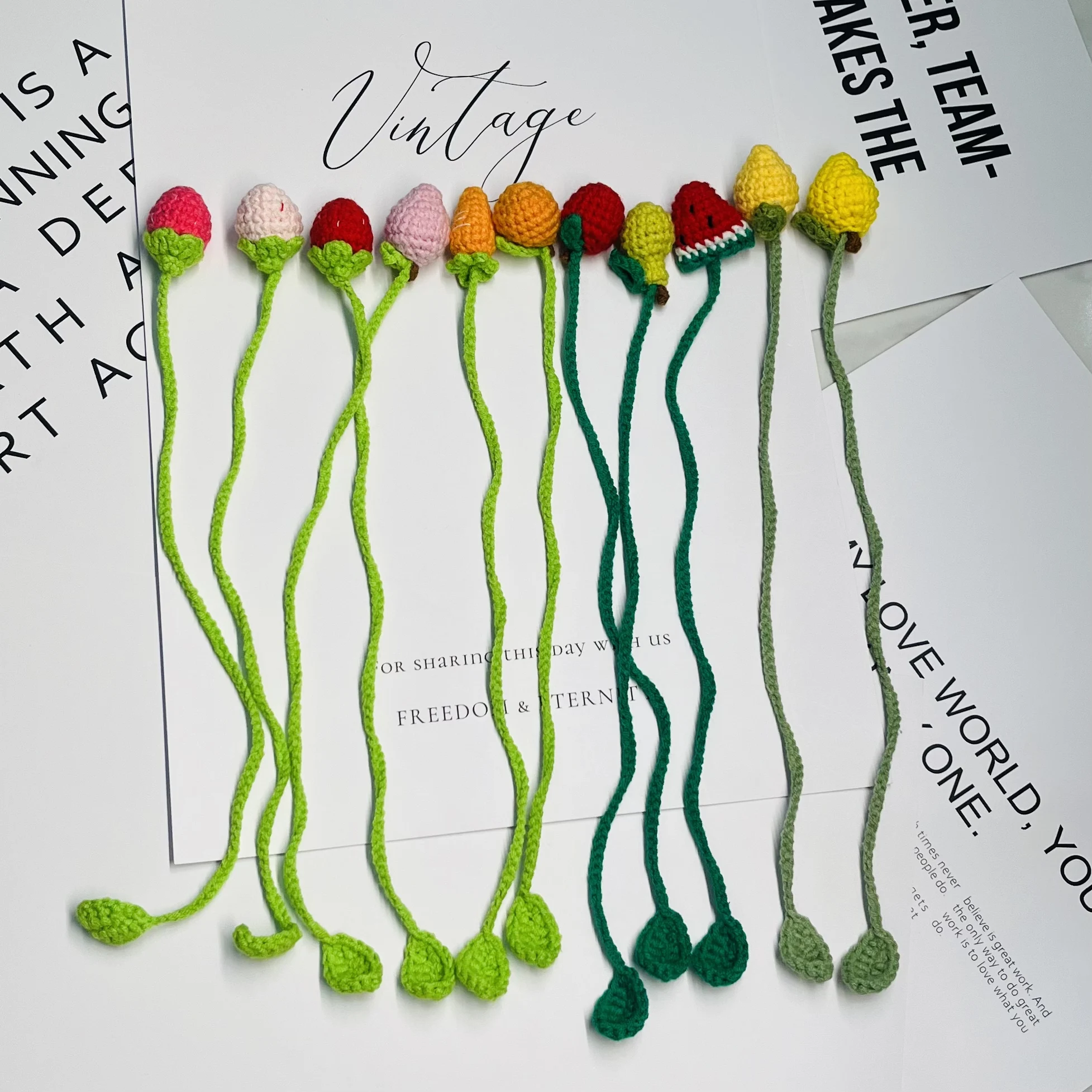 Handmade Fruit Knitted Pendant Bookmark Strawberry Lemon Keychain Knitted Bookmark Women Handbag Pendant Office School Supplies