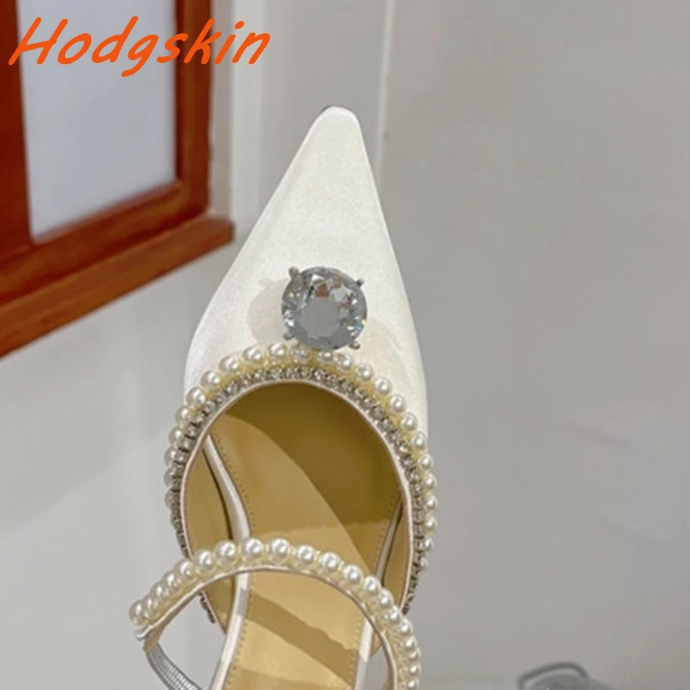 Pearl Straight Strap Outside Slippers Slingback Pointed Toe Slip On Sexy Thin Heels Bling Crystal Shallow Fashion Women's Shoes