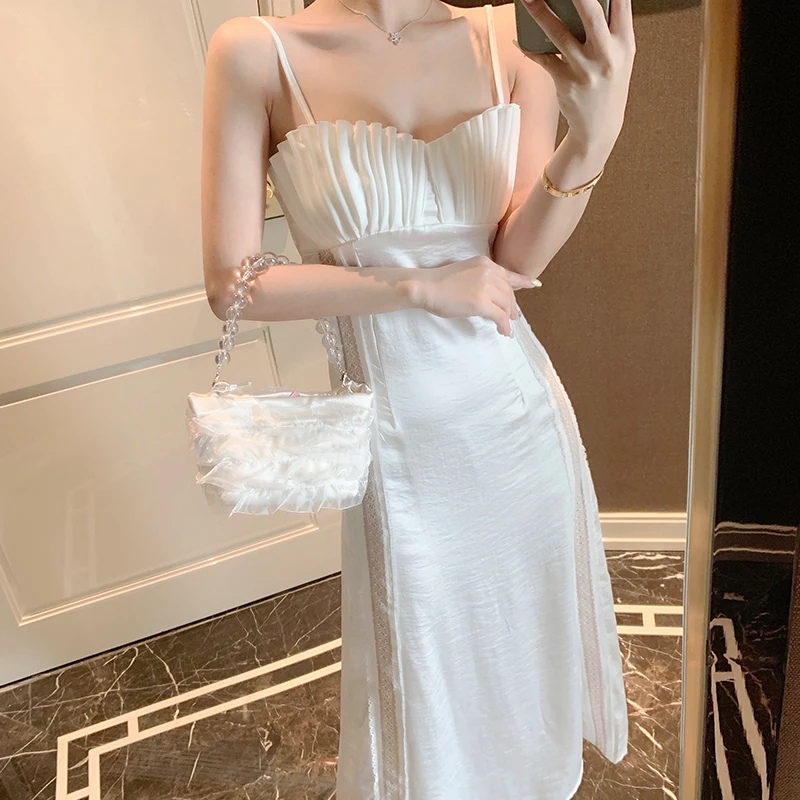 

French Niche White Shell Suspender Skirt Satin Lace Stitching Sexy Low-cut V-neck Dress Summer Women's High-end Waist Slim Dress