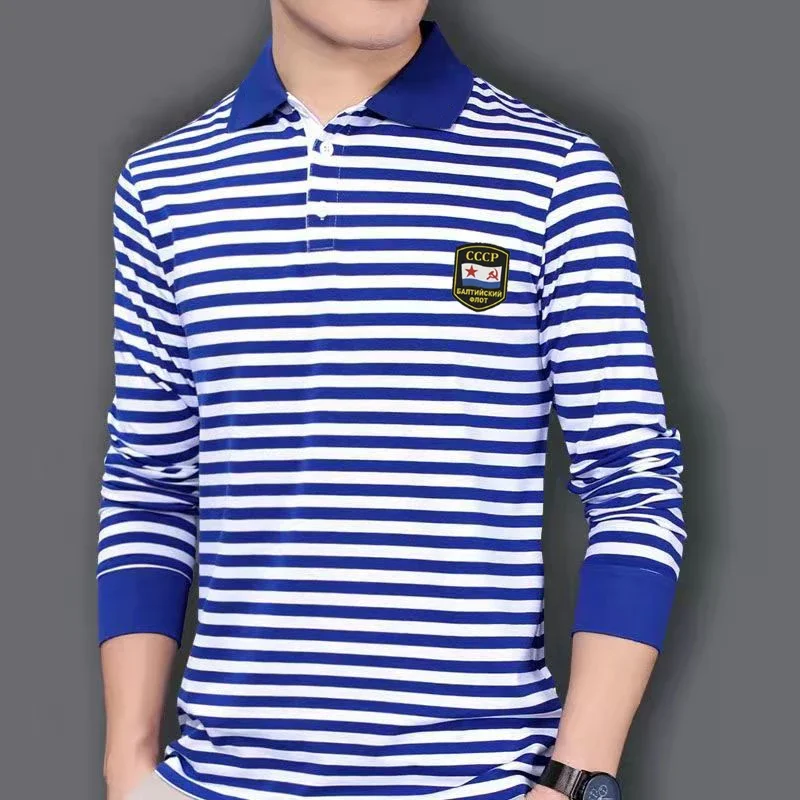 Russian CCCP Soviet Naval Fleet Flag Badge Printed Sailor Stripes Polo Shirts New 100% Cotton Long Sleeve Striped Mens T-Shirt