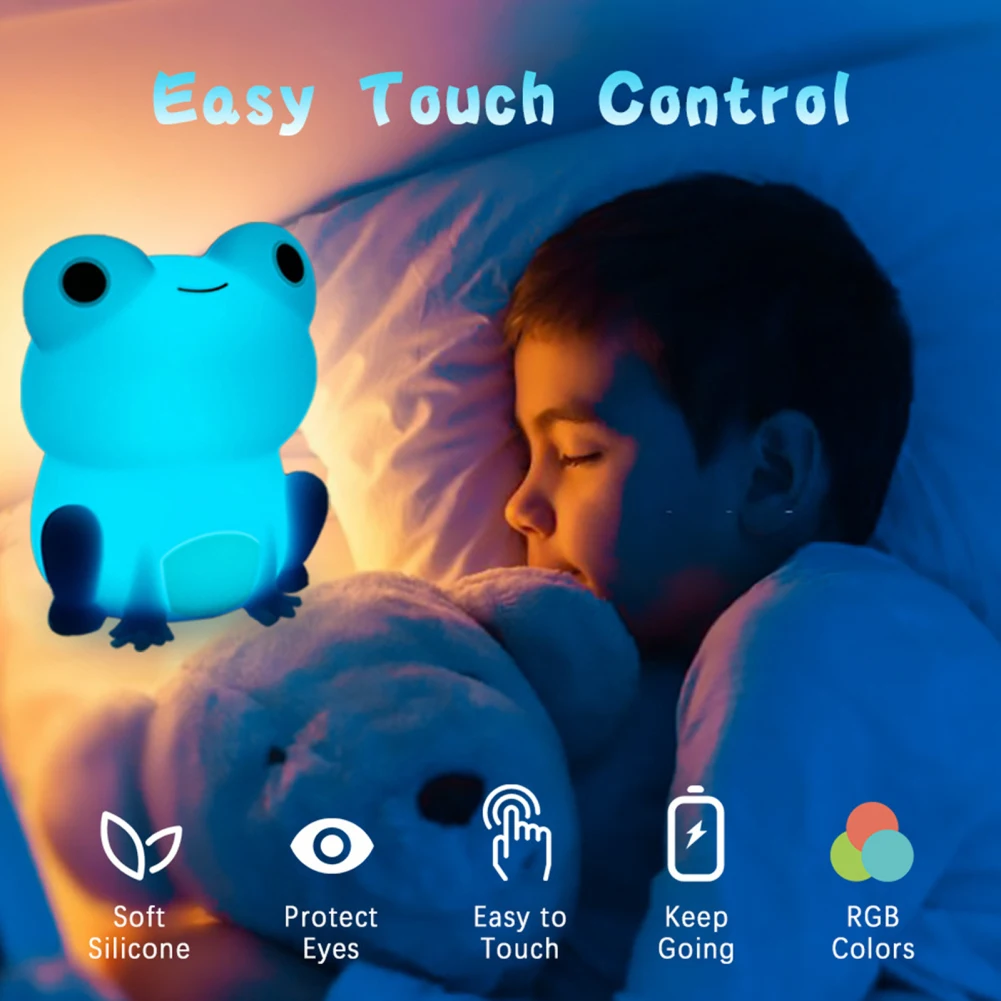 Soft Silicone Sleeping Night Light, Silicone Frog Lamp, Dimmable Timer, luz colorida recarregável, decoração do quarto, presentes das crianças