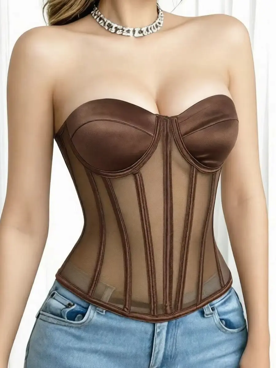 Sexy Fishbone Mesh Corset Top Backless Hottie Perspective Underwire Busiers Corsets Women Waist Corsel Gather For Wedding Party