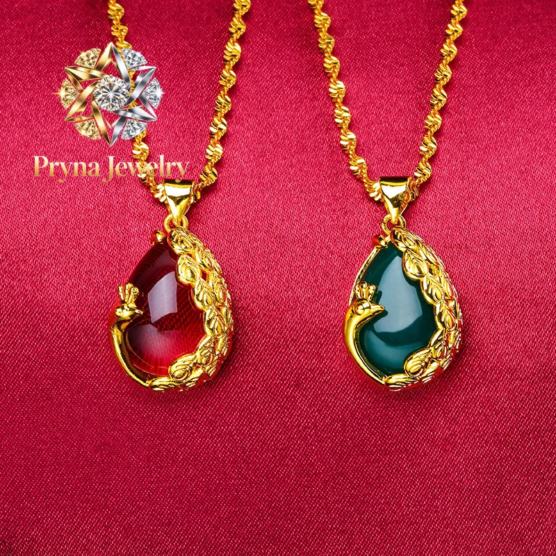 

Pryna Jewelry Peacock Pendant for Women, 24K Gold, AU999 | Embossed peacock with ruby eyes, luxurious for traditional weddings.