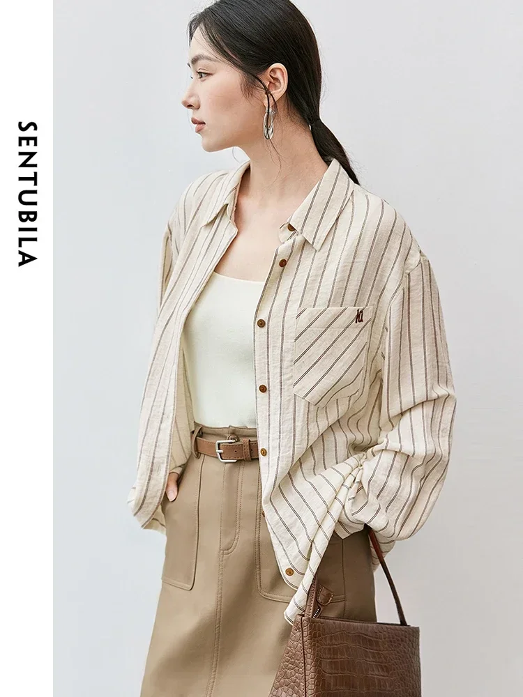 SENTUBILA Women Linen Spliced Striped Shirt  2024 Autumn Casual Loose Turn Down Collar Letter Embroidery  Blouse 143C56024