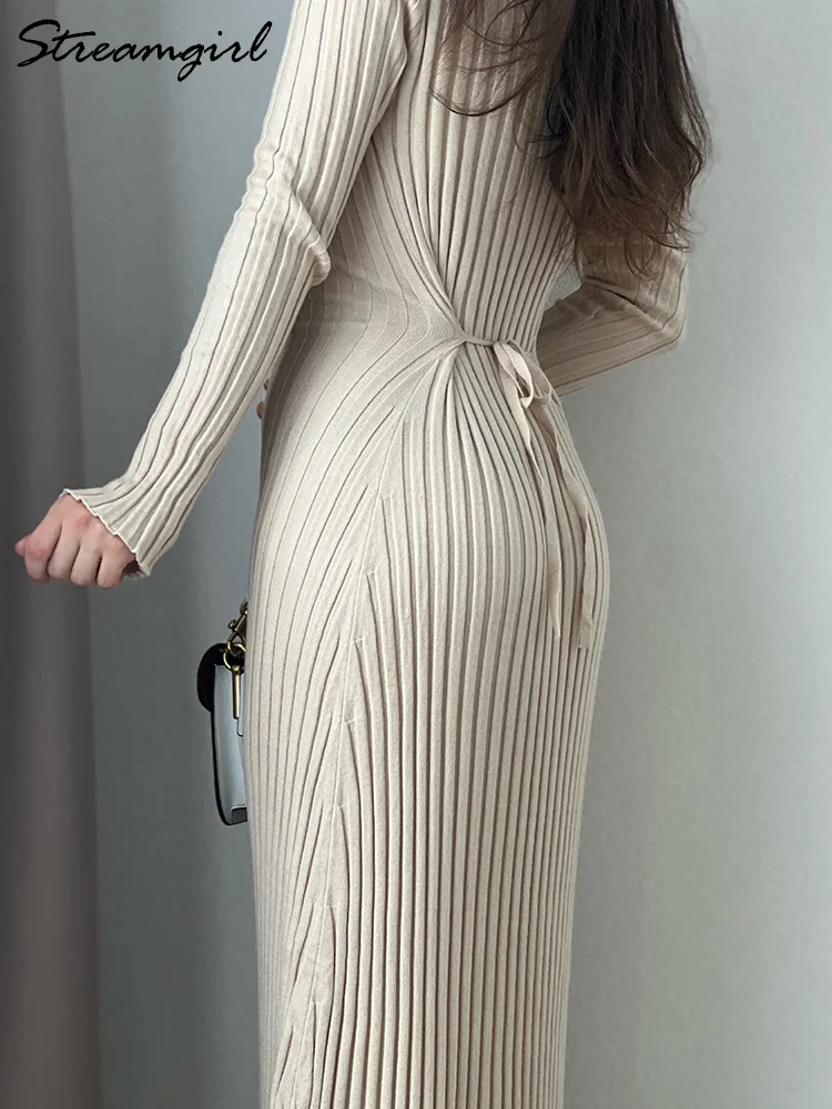 White Long Knitted Dresses For Women Elegant 2024 Slim Maxi Khaki O Neck Sweaters Long Sleeve Dress Slim Women\'s Dresses