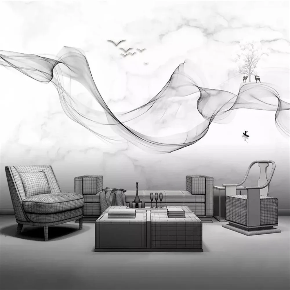 Custom Ink smoke landscape art marble wallpapers for living room TV background 3D mural white marble wall papers home decor