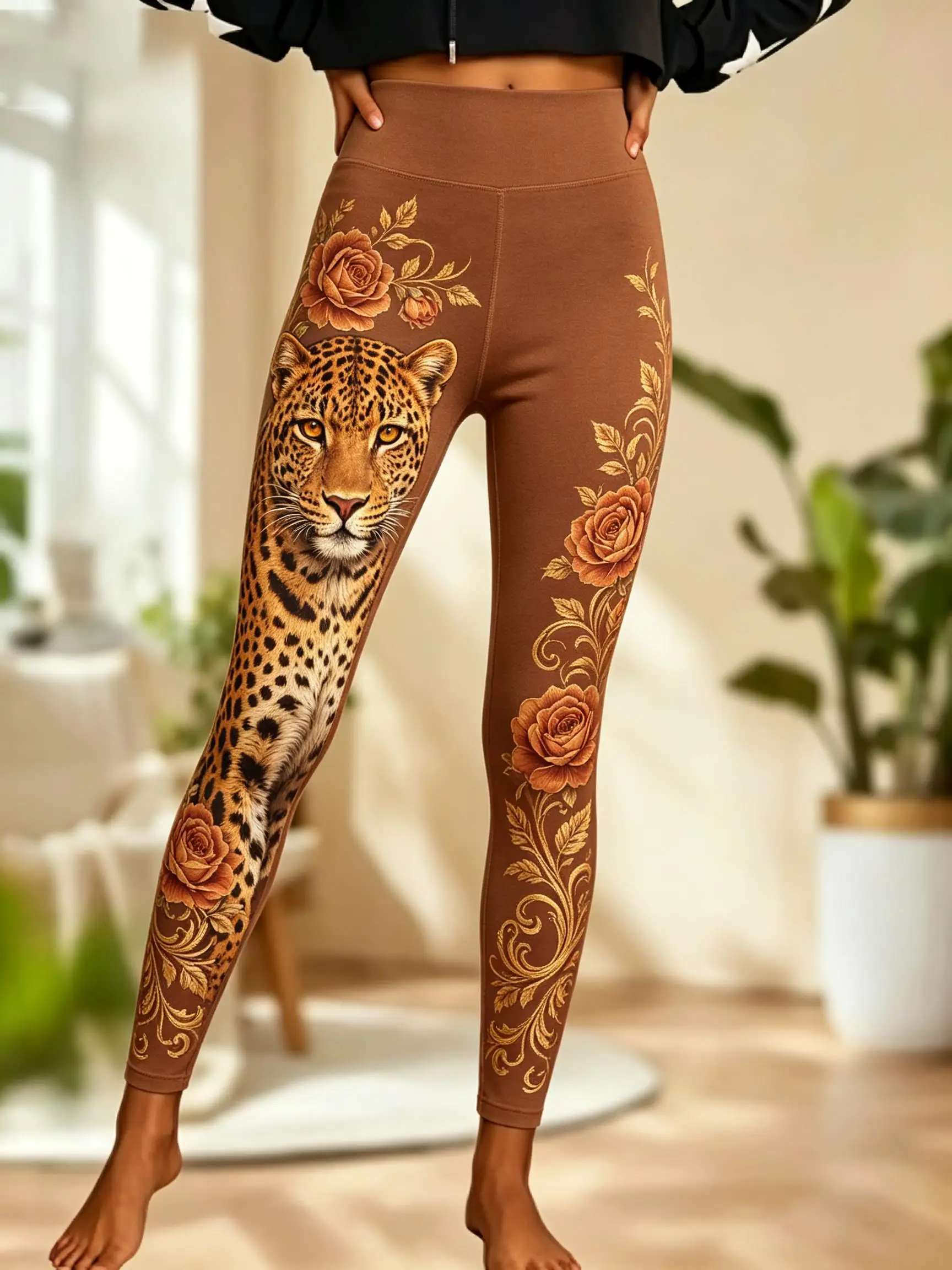 Women Fleece‑lined Mid‑rise Leggings Wild Leopard Panther Red Rose Floral Vine Tattoo‑style Full Leg Print Slim Stretch  Pants