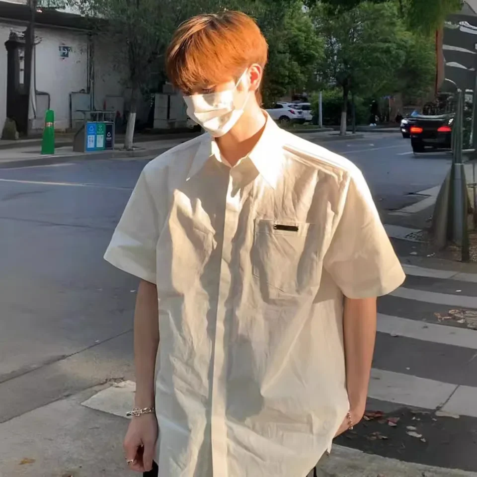 American High Street Niche Shoulder Padded Short-sleeved Shirt Men's Metal Decoration Summer Loose Shirt Men
