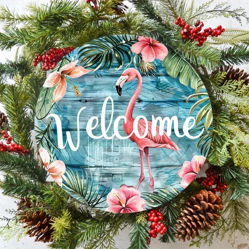 1pc Charming Flamingo & Tropical Leaves Welcome Sign - 19.99X19.99cm Aluminum, UV & Scratch Resistant, Easy-Hang for Indoor/Outd