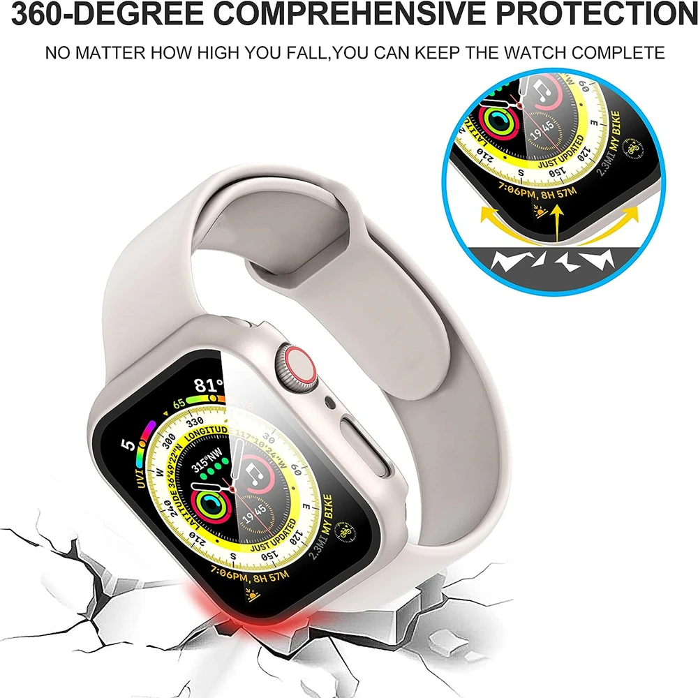 Tempered Glass+cover For Apple Watch 9 8 7 41mm 45mm 42mm 38mm PC bumper Screen Protector Case iWatch series 6 5 4 se 44mm 40mm