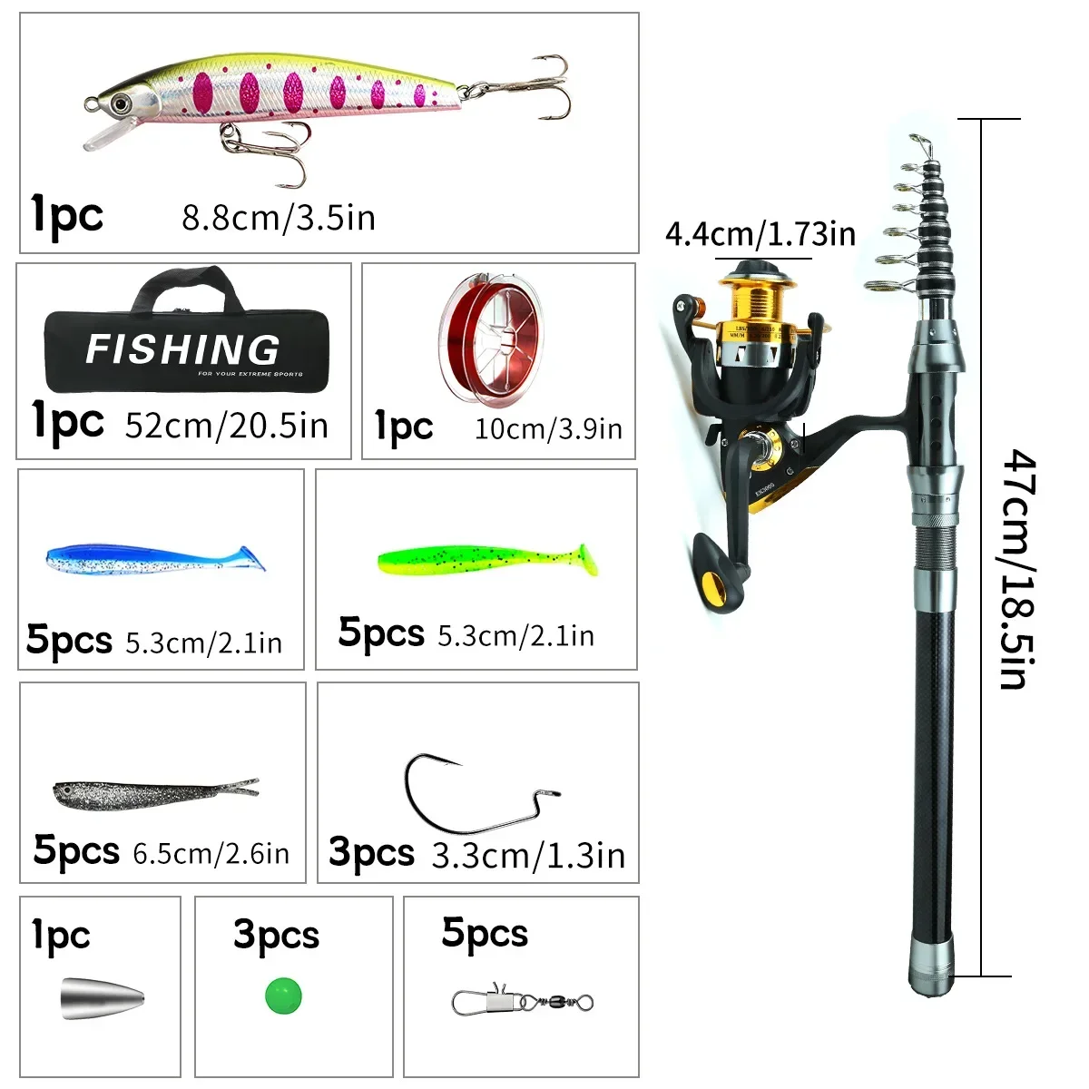 

Fishing Rod Reel Combo Full Kit Carbon Fiber Rod Pole Spinning Reel Fishing Bag Case Tackle Gear Set Fishing Accessories Kit Set