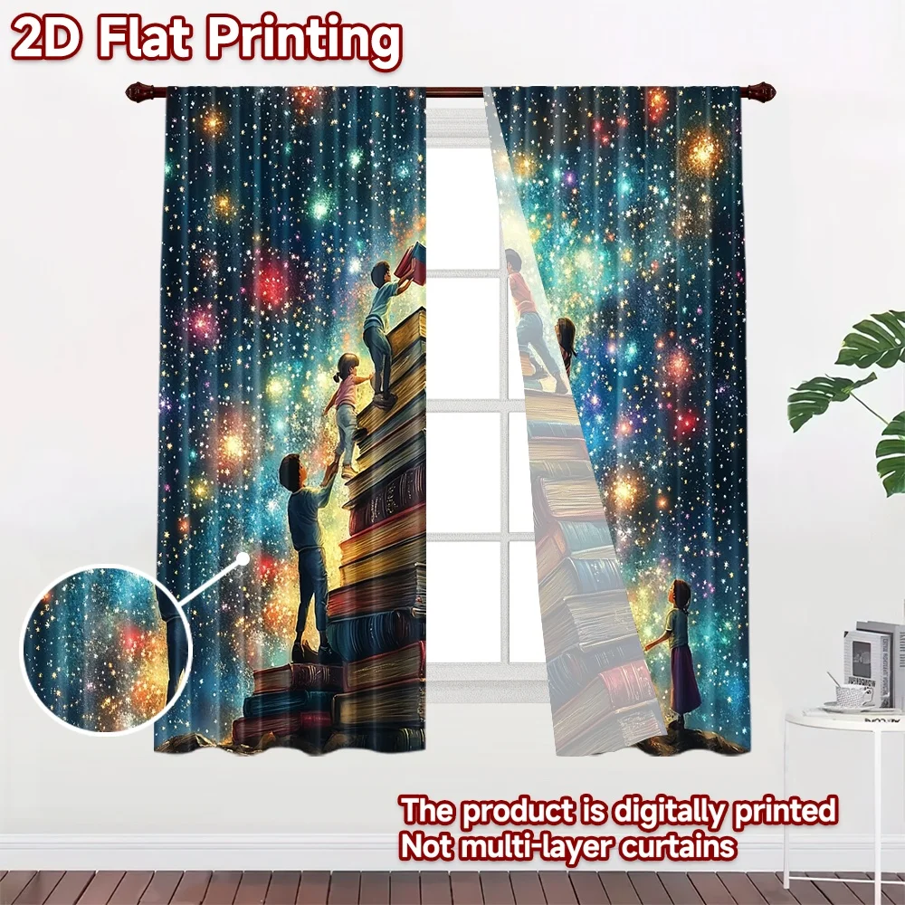 2D flat 2pcs Curtain Home Short Curtains Galaxy Book Tower Durable polyester fiber Festive Curtains Perfect for Room bedroom