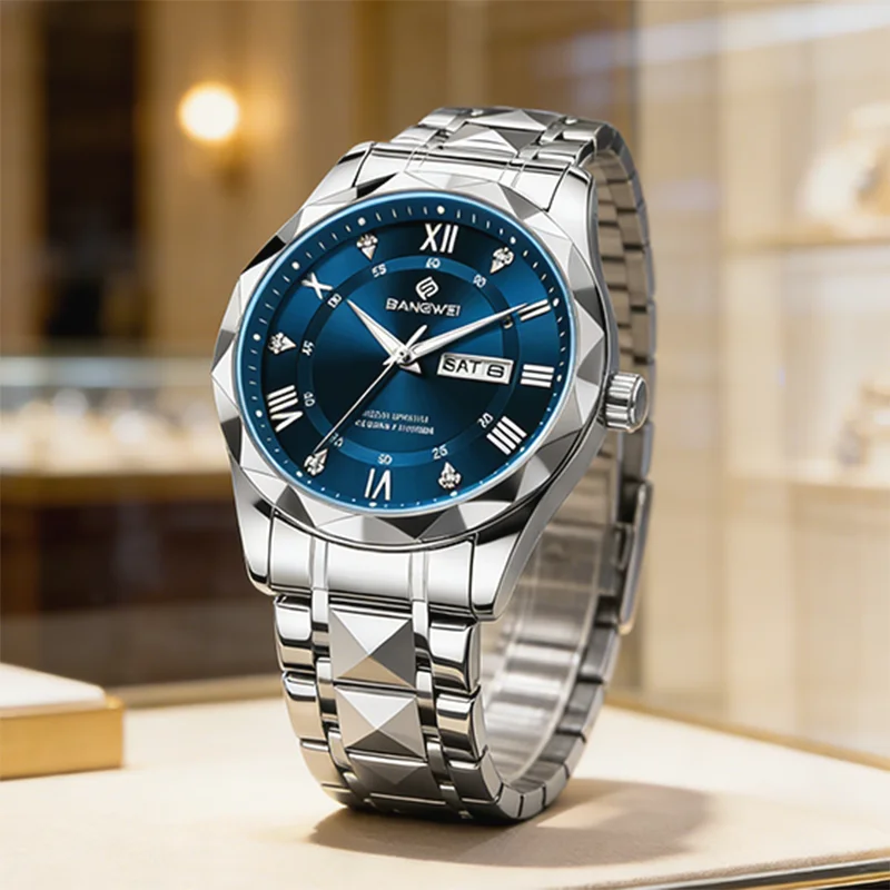

Оригинальные модные часы BANGWEI для мужчин, спортивные, с ремешком из нержавеющей стали, роскошные, деловые, с бриллиантами, водонепроницаемые, с календарем, кварцевые, мужские часы