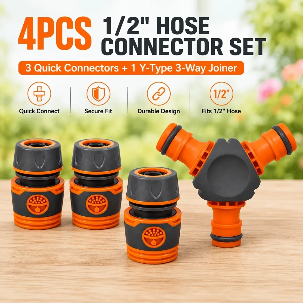 4-Piece 1/2 Inch 4-Point Garden Hose Quick Connector Set, 3 Quick Connectors and 1 Y-Shaped Three-Way Threaded Connector, Hose Branch Connector, Garden Watering Lawn Irrigation Flower Bed Watering Outdoor Hose Extension Multi-Way Connection Accessories