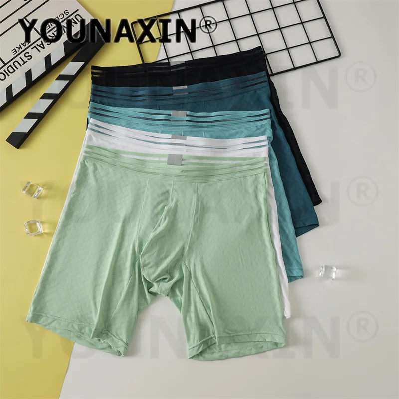 5 Pcs Men's Big Size Ice Silk Boxer Briefs Breathable Solid Color Sports Fitness Long Leg Underwear Panties M L XL 2XL YOUNAXIN