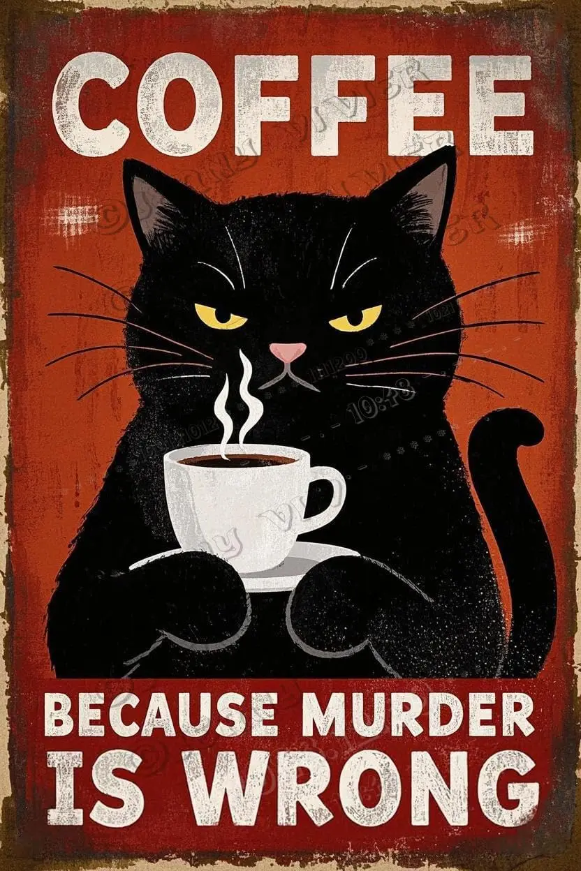 Funny Black Cat Decor Coffee Because Murder Is Wrong Vintage Metal Signs Kitty Tin Sign,,Aluminum