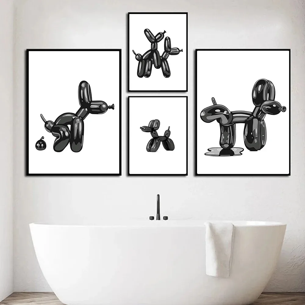 بساطتها بالون الكلب المشارك مضحك علامات الحمام طباعة الفكاهة الحديثة Toliet جدار الفن الأسود بالون الكلب قماش اللوحة ديكور #2