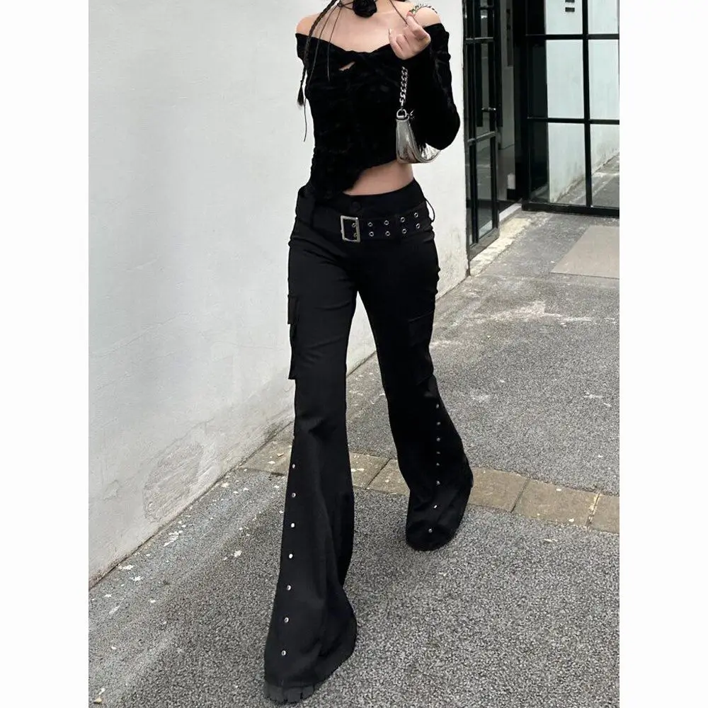 Harajuku Y2K Dark Academia Vintage Gothic Pants Women Low Rise Rivet Design Flare Trousers 2000s Casual Goth Pantalones