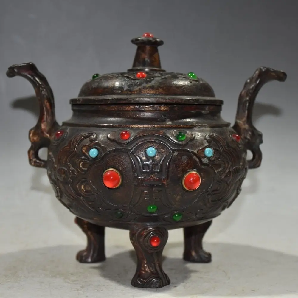 Early collection of pure copper imitation red copper rust inlaid jade green pine ruby binaural three legs incense burner ornamen